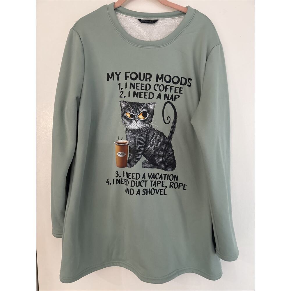 Women Crewneck Hoodie. Coffee Cat. Graphic Casual crewneck sweatshirt. Size L